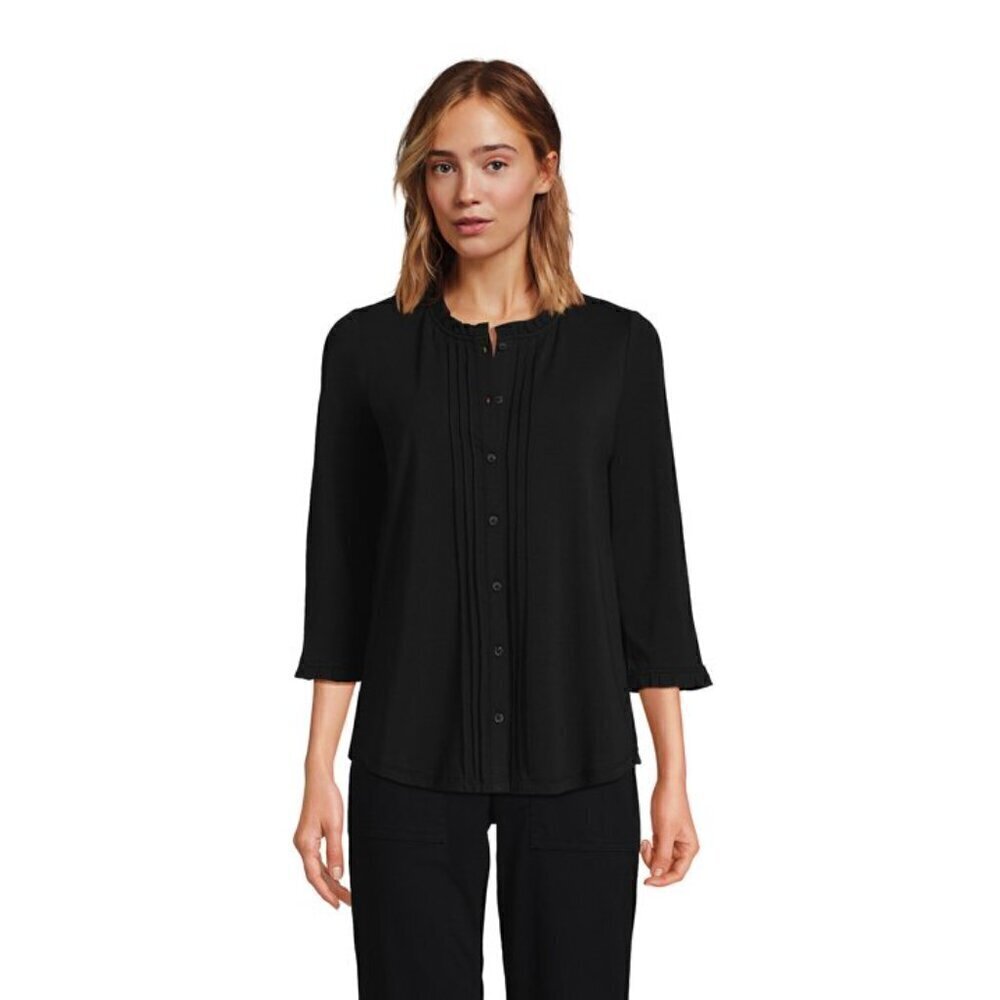 Lands End Black 3/4 Sleeve Light Weight Jersey Ruffle Neck Pintuck Top, Size S